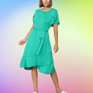 Kelly Green Ruffle Tulip-Hem Tie-Waist Flutter-Sleeve Dress  Size XXL NWOT